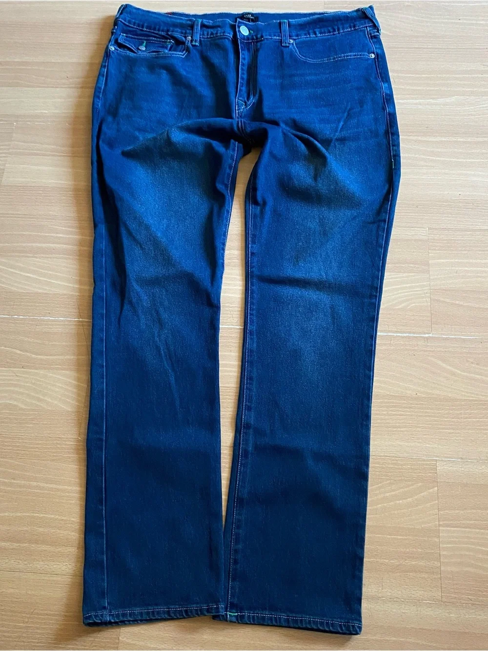 True Religion Ricky Relaxed Straight Leg Dark Wash Jeans Mens 42 Green Outline